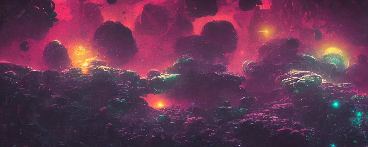 Image similar to ” space rock floating in pitchblack space, [ cinematic, detailed, epic, widescreen, opening, establishing, mattepainting, photorealistic, realistic textures, octane render, art by paul lehr ] ”