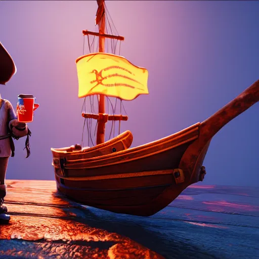 Image similar to a great pirate on his ship holding a cup of coffee. pixar style animation 3 d extremely gloomy lighting, shining light and shadow, atmospheric, cinematic, unreal engine, 8 k