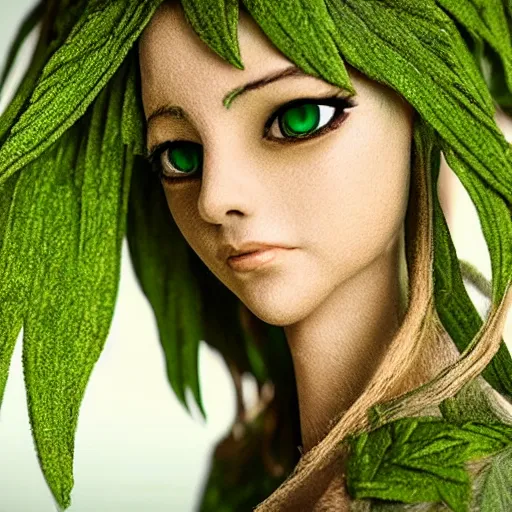 Prompt: female elf with green skin with hair made from leaves from weeping willow tree, elf smiling, fantasy, cgi, detailed eyes, in style of lord of the rings