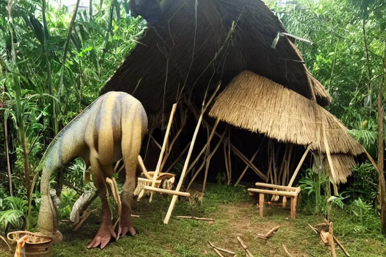 Prompt: 4 meter tall unknown living herbivore dinosaur destroying hut by eating the straw roof in a small jungle settlement, shaky grainy amateur photos by witnesses