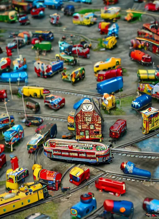 Image similar to wide - angle portrait of a retro tin toy train set, depth of field, zeiss lens, detailed, symmetrical, centered, fashion photoshoot, by nicoletta ceccoli, mark ryden, lostfish, earl nore, hyung tae, frank frazetta, breathtaking, 8 k resolution, extremely detailed, beautiful, establishing shot, artistic, hyperrealistic, octane render