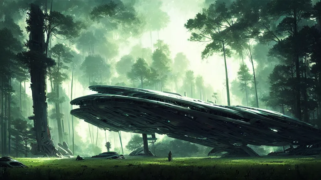 Image similar to a giant spaceship wrecked and lost in the forest, detailed digital art by greg rutkowski.