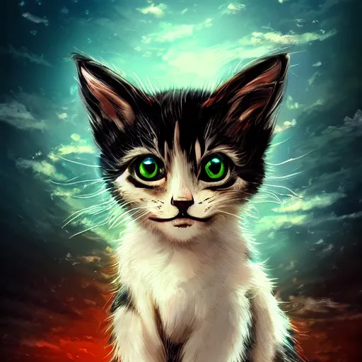Image similar to anime portrait of kitten with eternal abyss backdrop, wide shot, trending on artstation, dramatic, studio ghibli, poster