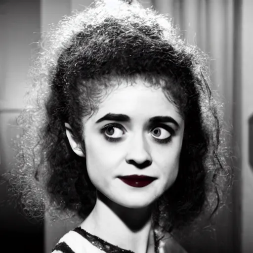 Prompt: natalia dyer as nancy wheeler in the bride of frankenstein, black and white