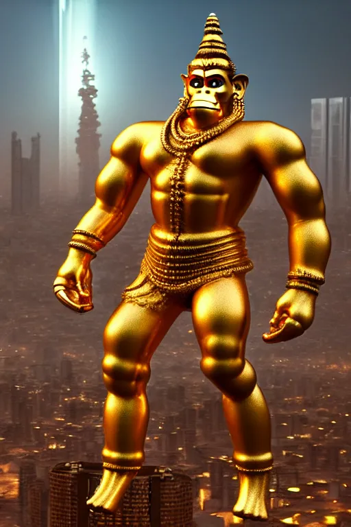 Image similar to high quality 3 d render cyborg gold hanuman! with nose piercings, cyberpunk highly detailed, mumbai in the background, unreal engine cinematic smooth, in the style of blade runner & solaris, hannah yata charlie immer, moody light, low angle, uhd 8 k, sharp focus