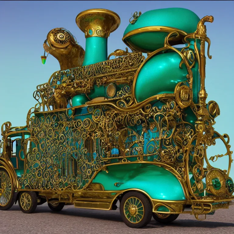 Prompt: peacock - shaped steampunk peacock - shaped pickup truck with a tall brass baroque pipe organ on the back with blue, very tall brass organ pipes, organ pipes splayed in the back, green and purple, brass peacock, pipeorgan, hyper realism, rendered in unreal 5 octane