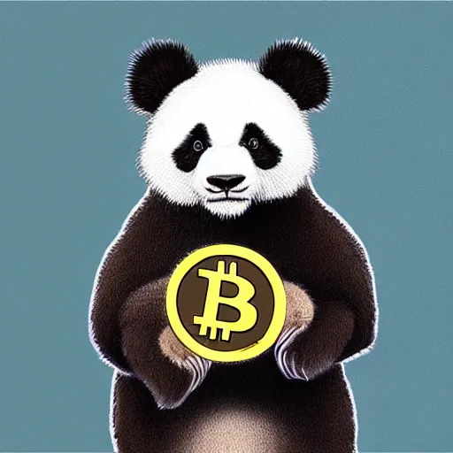 Prompt: “ hand drawn panda holding realistic bitcoin ”