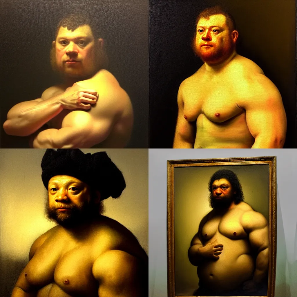 Prompt: subject: frog is oversized is muscular is powerlifter is flexing muscles in medium shot backlight portrait, style: very heavy textured rembrandt oil painting with dramatic light