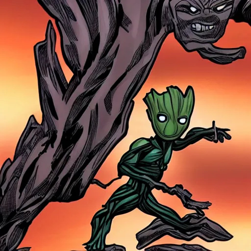 Prompt: baby groot venomized is vomiting