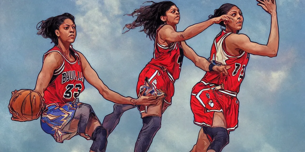 Image similar to candace parker playing basketball in a chicago bulls jersey art by artgerm and greg rutkowski and alphonse mucha, wide angle view,