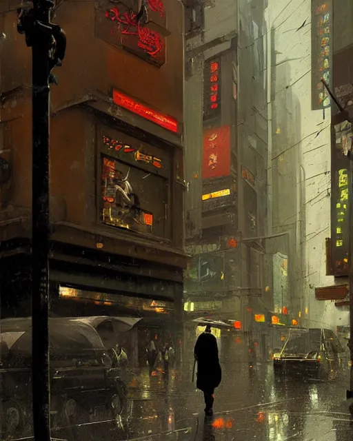 Prompt: a highly detailed epic cinematic concept art CG render digital painting artwork: Tokyo city street, raining. By Greg Rutkowski, in the style of Francis Bacon and Syd Mead and Norman Rockwell and Beksinski, open ceiling, highly detailed, painted by Francis Bacon and Edward Hopper, painted by James Gilleard, surrealism, airbrush, Ilya Kuvshinov, WLOP, Stanley Artgerm, very coherent, triadic color scheme, art by Takato Yamamoto and James Jean