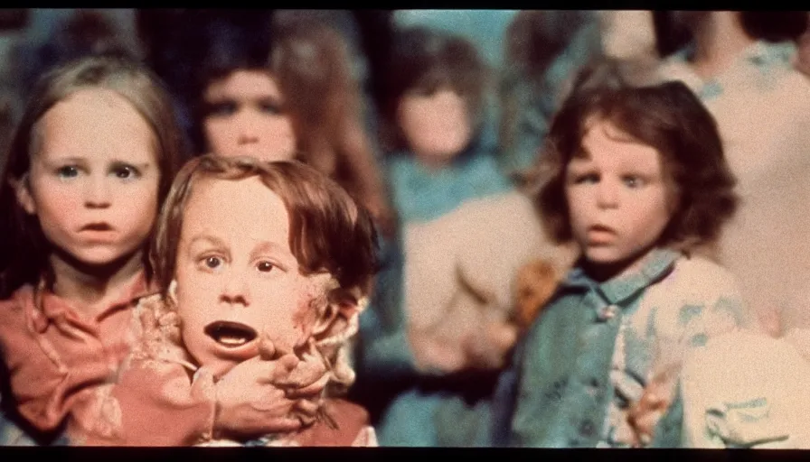 Prompt: 7 0 s film still from a horror movie with diseased children, kodachrome, cinecolor, cinestill, photorealism, cinematic, film grain, film texture, vhs recording