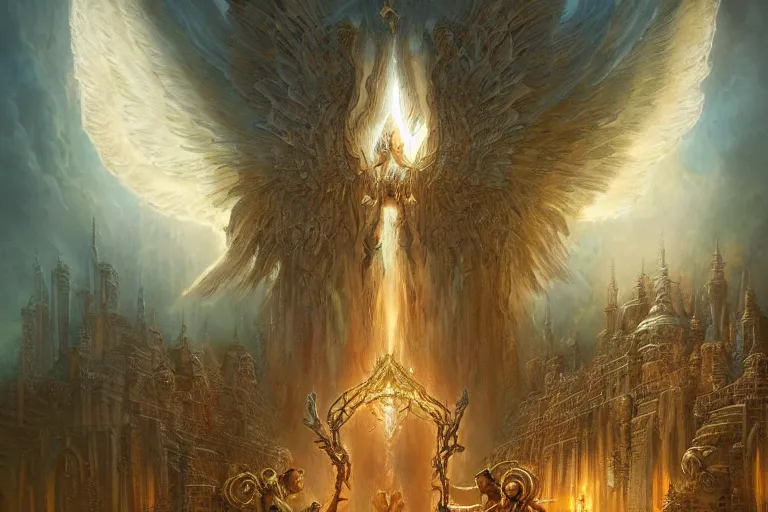 Image similar to an intricate matte painting of A celestial path opens up to the 8-winged death angel wearing an intricate tiara , highly detailed creepily dimly lit exterior with shafts of iridescent light bouncing off magical realms, by Christophe Vacher and Bastien Lecouffe-Deharme, trending on artstation