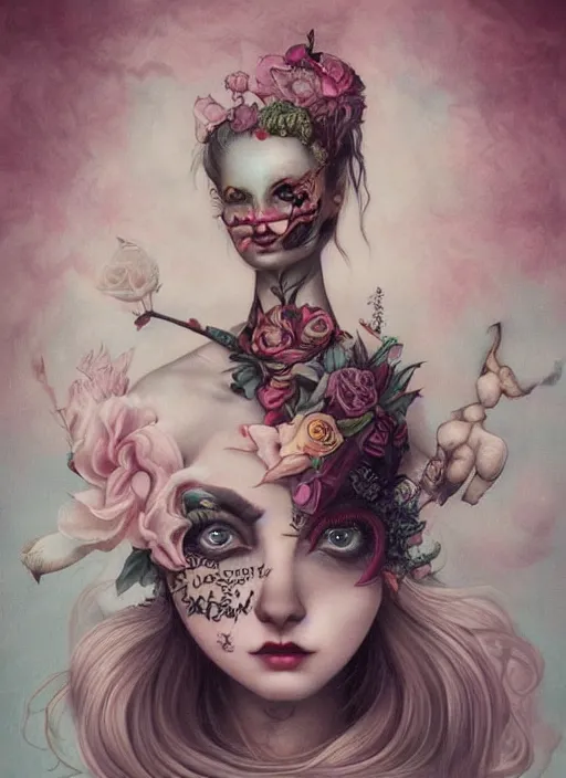 Image similar to pop surrealism, lowbrow art, realistic cute tattooed girl painting, japanese street fashion, hyper realism, muted colours, rococo, natalie shau, loreta lux, tom bagshaw, mark ryden, trevor brown style,