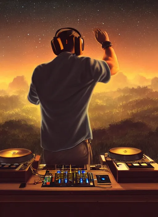 Image similar to A wide shot of a man djing at night under the stars, beautiful, digital art, artstation, hyperrealistic, 8k, unreal engine, octane render, trending on artstation, art by Artgerm and Greg Rutkowski and Alphonse Mucha