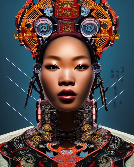 Prompt: portrait of a cyberpunk machine, machine face, upper half portrait, decorated with chinese opera motifs, african! fine china, traditional chinese art, intricate, elegant, highly detailed, symmetry, headpiece, digital painting, artstation, concept art, smooth, sharp focus, illustration, art by artgerm and greg rutkowski and alphonse mucha, 8 k