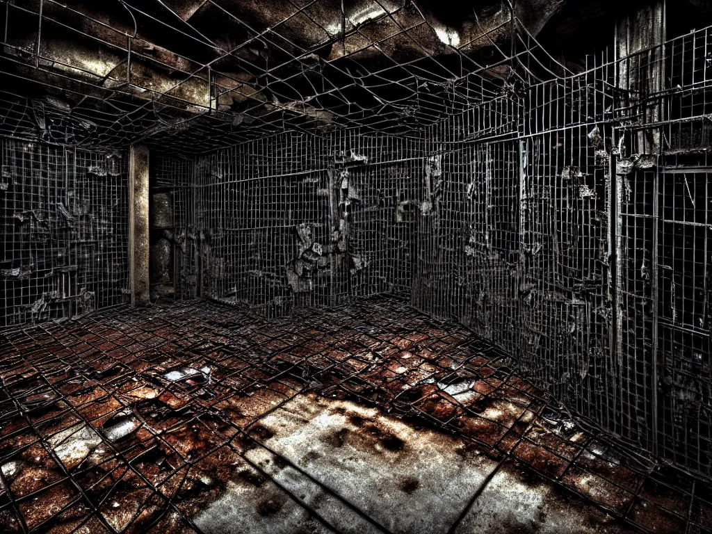 Prompt: An underground very gloomy macabre multi-layered structure of rusty thick iron grids, dense chain-link fencing and peeling walls with multiple floors. Inside view, collapsed floors, bent rusted iron, masterpiece, black background, layers, corners, cinematic, hyperdetailed, photorealistic, hyperrealism, octane rendering, 8k, depth of field, bokeh, architecture, shadows, art by Zdzisław Beksiński, Arthur Rackham, Dariusz Zawadzki