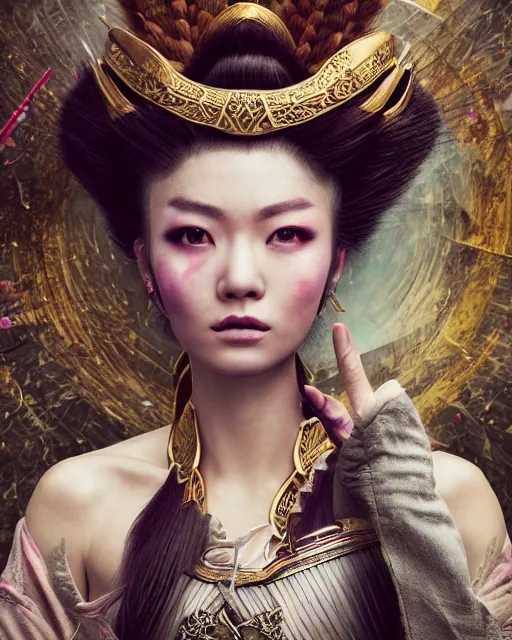 Image similar to full body portrait fashion editorial of beauty charming woman as a warrior godly princess in feudal japan making a sacrifice at the top of the Asian temple, clear makeup, clean hair, dry skin, clear skin, airbrushed, bright eye makeup, femine warrior body, photo by mario testino, 8k octane render, cinematic, hyper detailed, micro details, insanely detailed, trending on artstation, concept art, Peter Paul Rubens and Peter Mohrbacher style