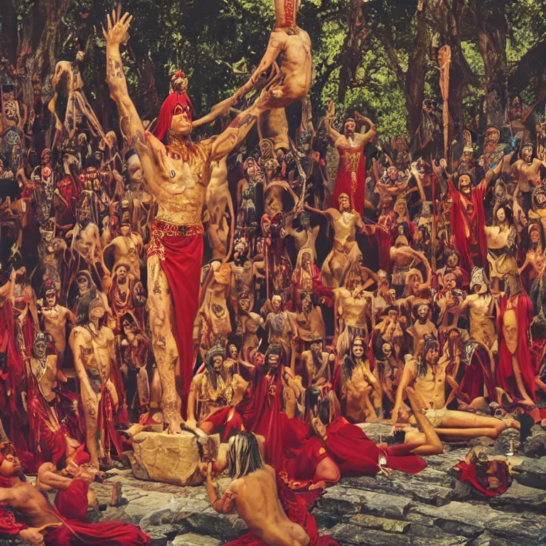 Image similar to pov of a member of an esoteric cult sacrificing a male body on a stone altar, ektachrome hyper realistic and detailed, wear heavy red ornemental costumes and elongate gold masks and jewels