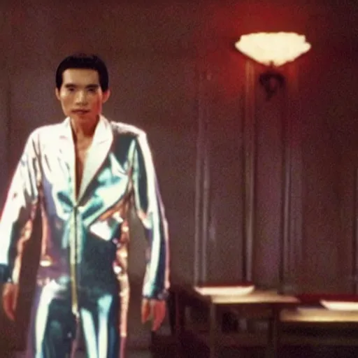 Prompt: A still of Ho Chi Minh wearing a disco suit in Saturday Night Fever