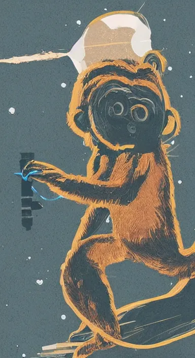 Image similar to “ small monkey with laser gun in large empty space, digital art, super aesthetic, art station children drawing style, award winning ”