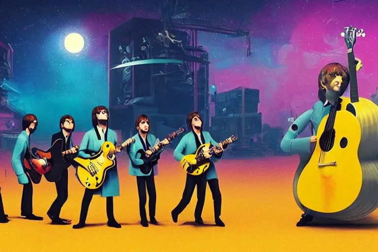 Image similar to the beatles performing with guitars, a giant yellow minion at background, sci fi, art by mike winkelmann, trending on cgsociety, retrofuturism, darksynth, sci - fi