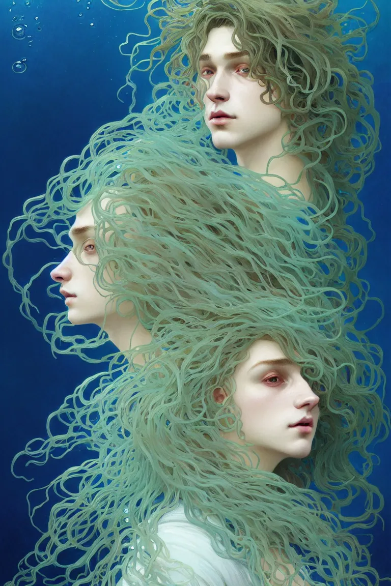 Image similar to portrait of a beautiful young fit male sea creature with long curly hairs and fish skin, dressed in fluent clothes made of seaweeds, by greg rutkowski and alphonse mucha, d & d character, gradient cyan to blue, underwater bubbles background, highly detailed portrait, digital painting, artstation, concept art, smooth, sharp focus ilustration, artstation hq