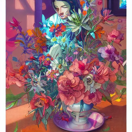 Image similar to a bouquet of colorful flowers, flowers with very long petals,afternoon sunlight, hard light and long shadows, neon glowing, vivid, detailed painting, by James Jean and Ross Tran, masterpiece, award winning painting