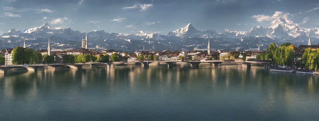 Image similar to Digital painting of Zurich, Limmat and the lake, wide angle, volumetric light, caribean water, hyperdetailed, Alps in the background, artstation, cgsociety, 8k