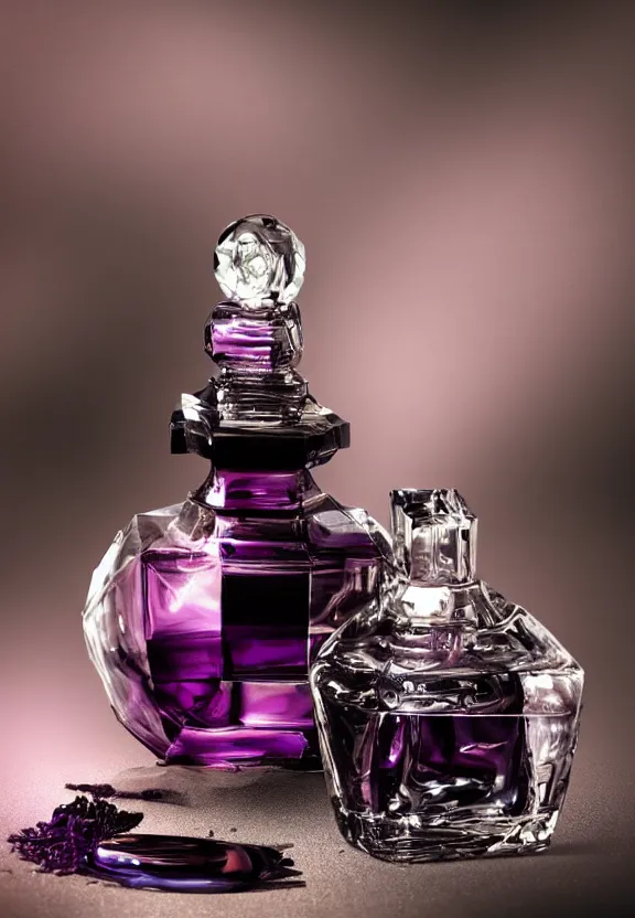 Prompt: close up shot of premium perfume bottle containing purple liquid, the bottle is placed on a black coloured table, the bottle is in the middle of the scene ultra detail, commercial, designer product, cinematic lighting, hd artstation, symmetrical, rendered, 4k