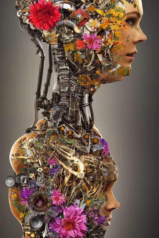 Prompt: a beautiful intricate fine art portrait photo of a a mechanical industrial cybernetic humanoid overgrown with colorful flowers, leaves and butterflies by anna dittmann and zach sutton, perfection!, eyes with catchlight, ex machina robot, golden ratio composition, studio lighting, 50mm lens, bionic, cybernetic scifi, deep depth of field, artstation, 8K, highly coherent