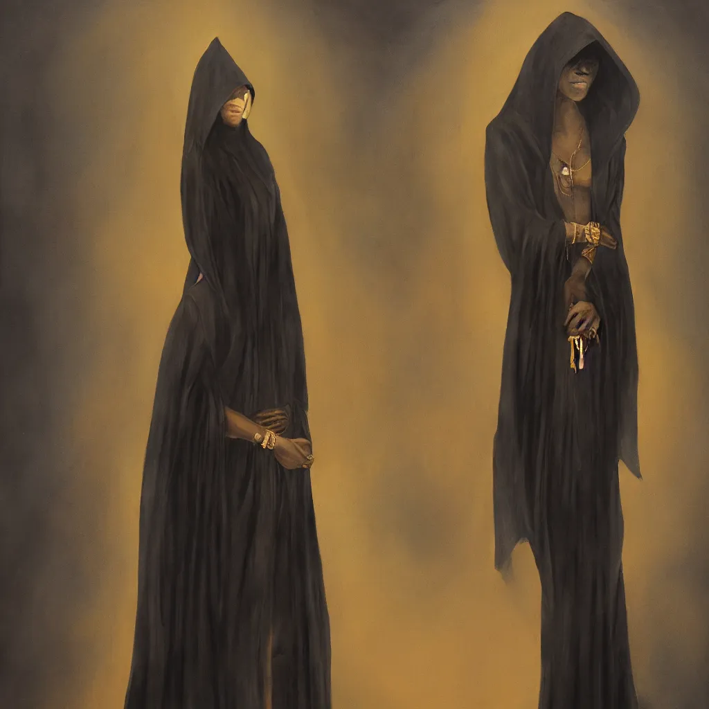 Image similar to a portrait of a young black woman wearing a long dark cloak, hood and shadows covering face, holding golden chains, oil painting, matte painting, black background, Volumetric Golden dappled dynamic lighting, Highly Detailed, Cinematic Lighting, Unreal Engine, 8k, HD, by Beksinski