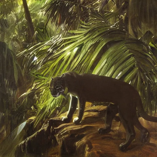 Prompt: intense jaguar in a dark misty jungle, by John Singer Sargent