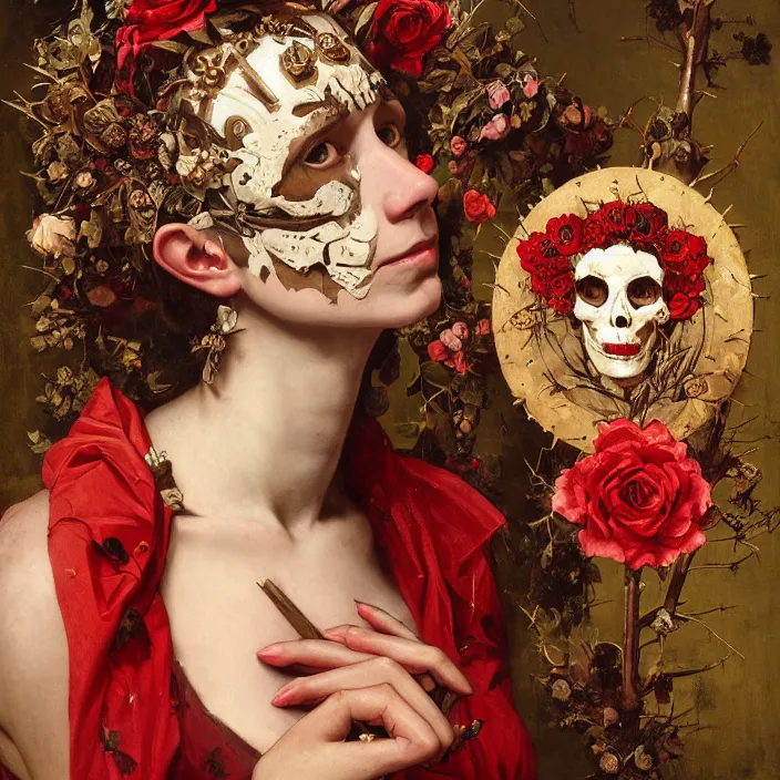 Image similar to portrait of a woman with a golden skull mask on face, a wreath of thorns, a dress of bones and roses, horns, snakes, smoke, flames, full-length, oil painting in a renaissance style , very detailed, red background, painted by Caravaggio, Greg rutkowski, Sachin Teng, Thomas Kindkade, Alphonse Mucha, Norman Rockwell, Tom Bagshaw.