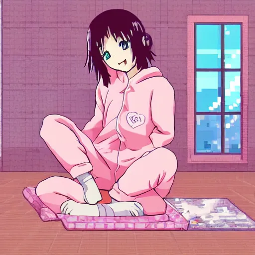 Image similar to advanced digital anime pixelart , girl wearing a pink bunny pajama laying on the floor. —H 128 —W 128