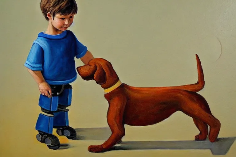 Prompt: a detailed painting of a ( ( ( ( ( boy and his robot dog ) ) ) ) ) by maurice sednak!!!!!!!!!!!!!!