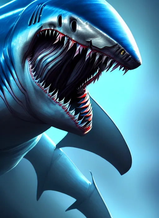 Image similar to an anthromorphic alien cyborg shark, diffuse lighting, fantasy, highly detailed, photorealistic, digital painting, artstation, illustration, concept art, smooth, sharp focus