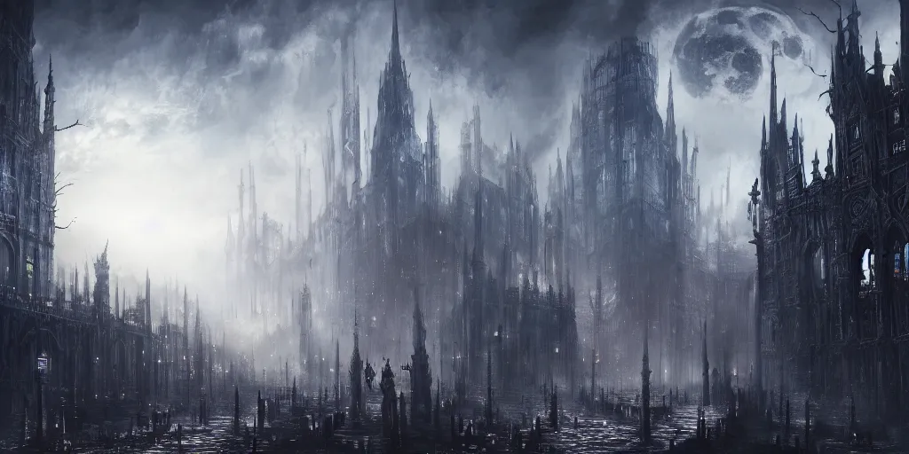 Image similar to a huge crowded megacity in the style of bloodborne, dark souls, demon souls, gothic art, dark fantasy, concept art, digital painting, volumetric lighting, trending on art station, night time, moon light, god rays, highly detailed