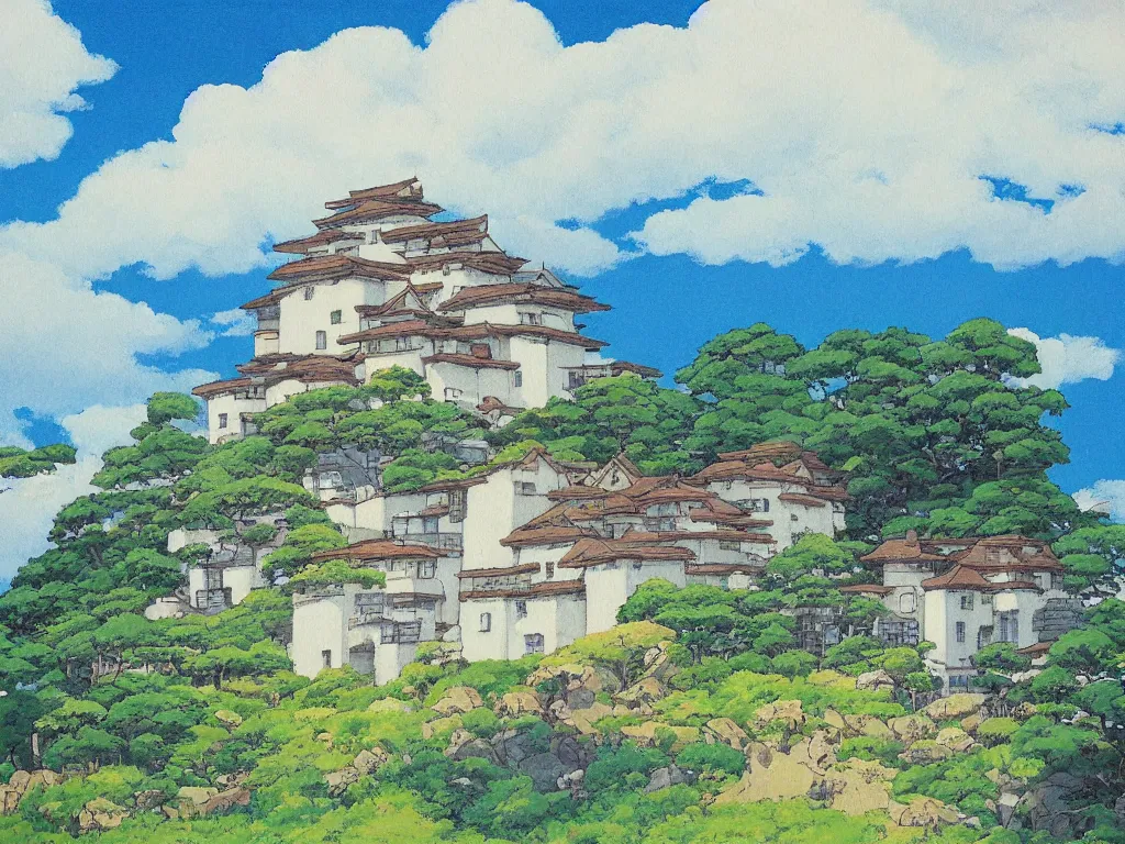 Image similar to studio ghibli painting, kazuo oga, a lone stucco house by the beach, blue sky with few clouds,