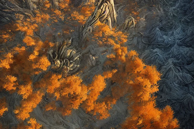 Prompt: high aerial shot, fantasy landscape, sunset lighting ominous shadows, cinematic fantasy painting, dungeons and dragons, barren dry land, desert valley of bones, isolated autumn maple bonsai, by jessica rossier and brian froud and hr giger