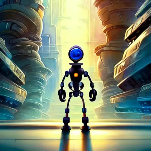 Prompt: a spectacular film poster of an adventurous boy ( facing the camera ) and his small robot friend, futuristic city background, eleborate composition with foreground and background, depth of field, fantasy illustration by kyoto studio, don bluth!!!, square enix, disney animation film, cinematic lighting