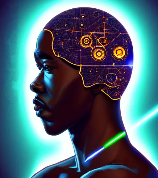 Image similar to symmetry!! african prince of technology, solid cube of light, hard edges, product render retro - futuristic poster scifi, lasers and neon circuits, dark skin man african prince, intricate, elegant, highly detailed, digital painting, artstation, concept art, smooth, sharp focus, illustration, dreamlike, art by artgerm