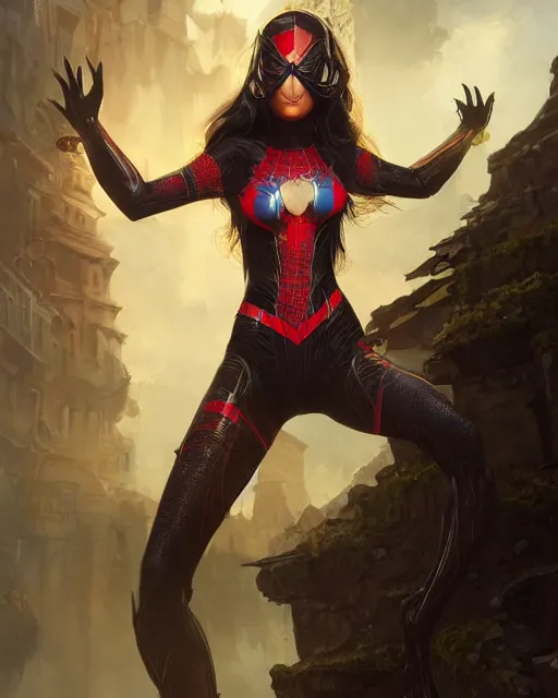 Image similar to a beautiful spiderwoman wearing a magical armor posing in a magical town, hyper realistic face, fantasy art, in the style of greg rutkowski, illustration, epic, fantasy, intricate, hyper detailed, artstation, concept art, smooth, sharp focus