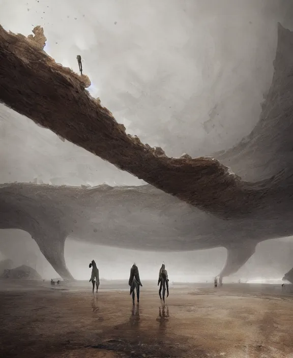 Image similar to surreal epic, masterpiece, romantic soct white exploration base, ancient ochre palette, impossible architecture by ruan jia, mecha floor, futuristic, blame, white architecture in the beach in iceland, foggy, highly detailed, digital painting, arstation, concept art, hyperealistic octane render, unreal engine