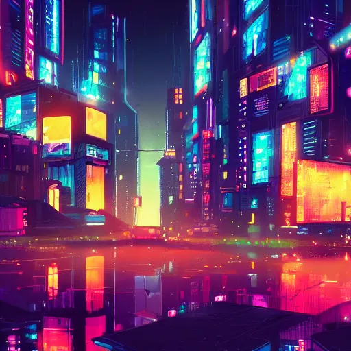 Image similar to digital painting of a city at night, cyberpunk art by Makoto Shinkai, pixiv, color field, anime aesthetic, vivid colors, colorful, trendy on behance hd