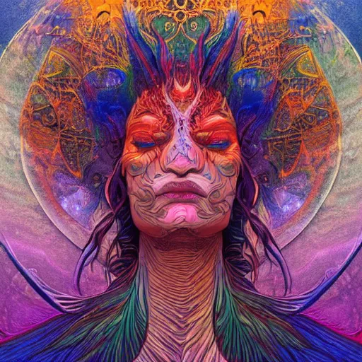 Image similar to fantasy art, highly detailed, beautiful, surreal, ayahuasca shaman, smooth, trending on artstation, beautiful, serene, meditating, digital art, prismatic, light diffusion by moebius