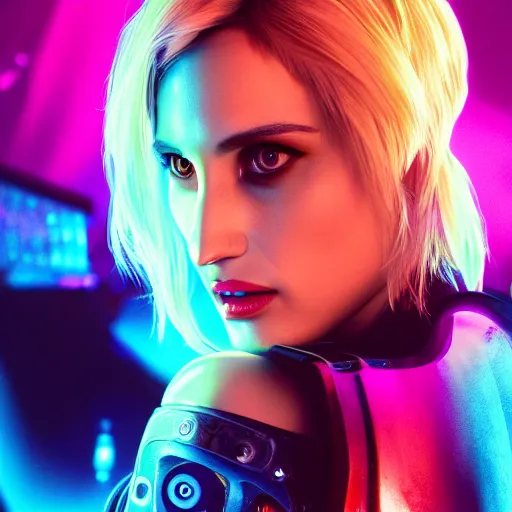 Image similar to dianna agron portrait, Cyberpunk 2077, photorealistic, ultra detailed, cybernetic body parts, neon, octane, bokeh, 8k