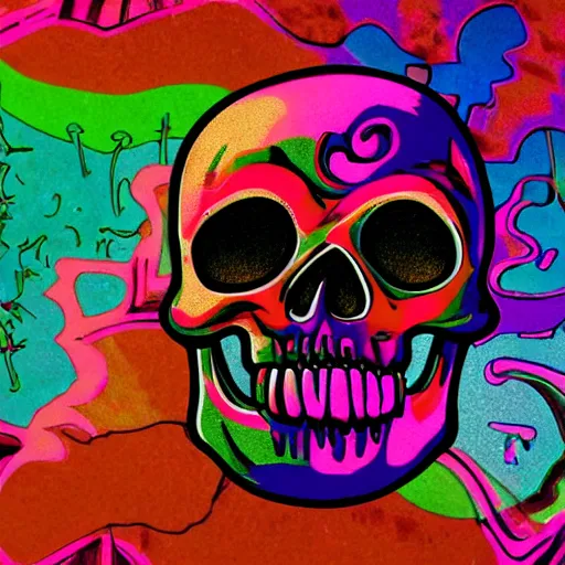 Prompt: psychedelic skull smoking a pipe in a chocolate factory