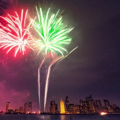 Prompt: a Dachshund as a dragon destroying new york city during 4th of July fireworks