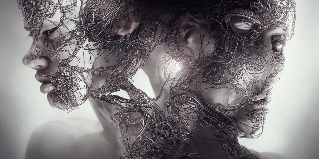 Image similar to realistic photography of a beautiful cyborg androgynous humanoid, hand on chin, holding close, in liquid, intricate filigree, in the style of beth cavener, jin kagetsu, wlop, highly detailed, symmetry, masterpiece, concept art, ringflash, highkey lighting, ambient lighting, octane render, 8 k, artstation